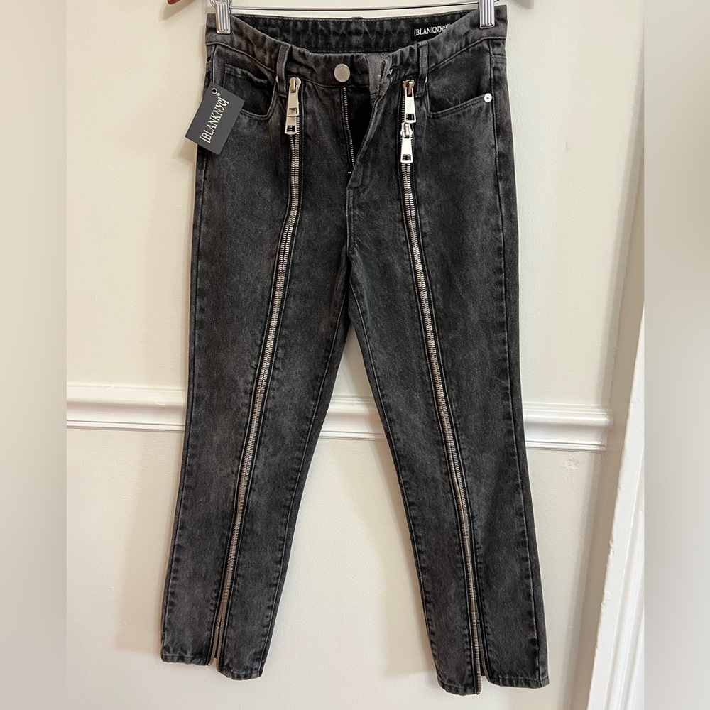 BLANK NYC High-Rise Black Acid Wash Jeans Dual Front Zippers Trendy Slim Fit - Picture 14 of 15